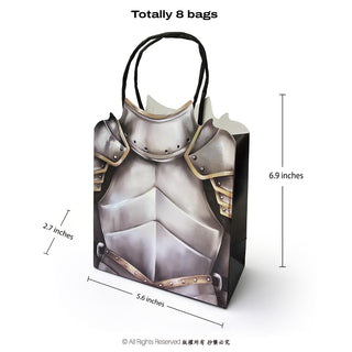 Knight armor party favor bag with silver armor pattern and brown studded trim, black handles