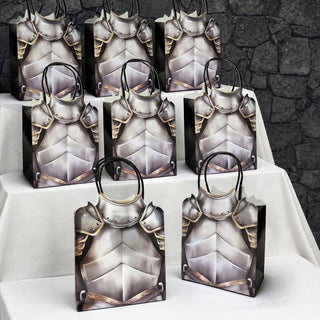 Set of knight armor party favor bags with silver chest panel design, brown trim, black handles