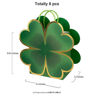 Set of green clover-shaped gift bags with gold trim and carry handles, 8 pcs