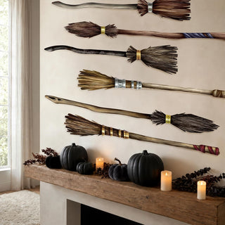 Wall-mounted flying broomstick garland with mixed-color broom handles and brush ends