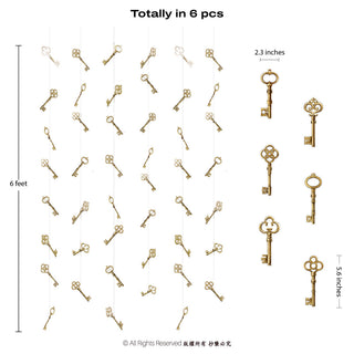 Gold key garland with hanging keys, 6-foot length and size markers