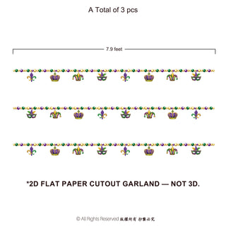 Three lengths of Mardi Gras bead garland with crown, fleur-de-lis and mask cutouts