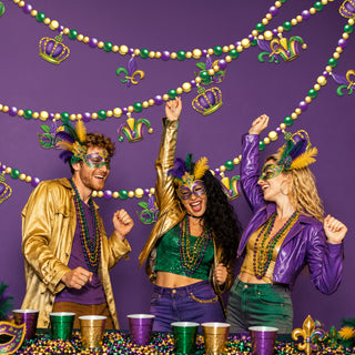 Colorful Mardi Gras bead garland with crown, fleur-de-lis and jester mask cutouts
