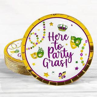 Gold-rim Mardi Gras paper plate with "Here to Party Gras!" in purple and green
