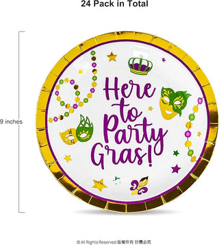 Mardi Gras paper party plate with gold border and "Here to Party Gras!" message