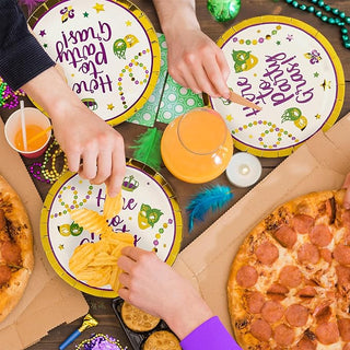 Set of Mardi Gras paper plates with "Here to Party Gras!" design, green and purple