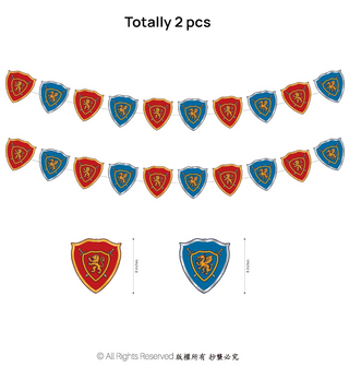 Medieval shield banner with red and blue crest shields, total 2 pcs