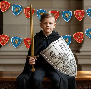Child with sword and shield; red and blue shield banner pennants behind