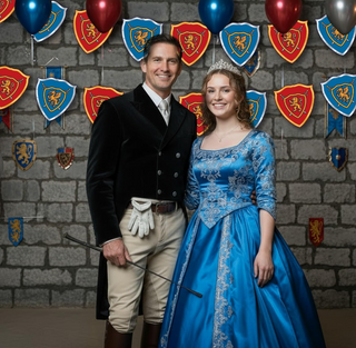 Couple posed with medieval shield banner pennants featuring red and blue crests