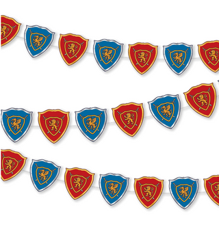 Shield banner pennants with red and blue crest shields, shown on white