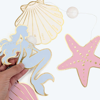 Set of pastel sea-themed banner cutouts: starfish, mermaid shell, and seahorse