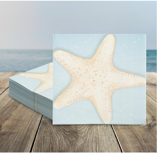 Starfish paper napkins, light blue with beige starfish print, 50-pack