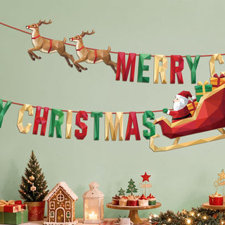 Christmas banner featuring “Merry Christmas,” reindeer, and Santa on a sleigh