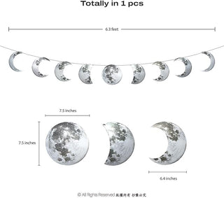 Silver moon phase banner, 6.3 feet long, with nine moon ornaments