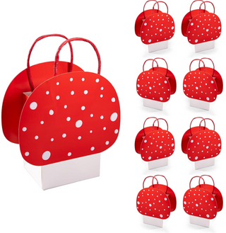 Set of red mushroom gift bags with white polka dots and red handles, 8 pcs