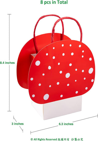 Red polka-dot mushroom gift bag with white dots, curved red handle and foldable white base