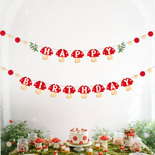Mushroom Happy Birthday Banner for woodland and enchanted forest birthday party decorations