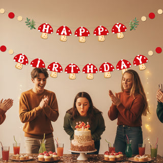 Mushroom birthday garland with colorful fungi designs for cottagecore fairy party decorations