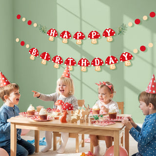 cottagecore mushroom Happy Birthday decorations for enchanted forest and woodland theme party