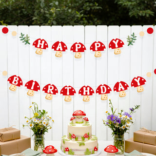 Fairy mushroom garland with fungi decorations for magical garden, dark woodland, enchanted forest and nature birthday decor