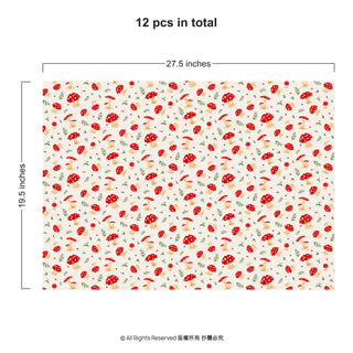 Mushroom-pattern wrapping paper sheet, cream with red toadstools and green leaves, 27.5 in
