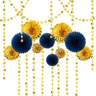 Gold and navy paper fan garland with hanging bead strands, 14 pieces