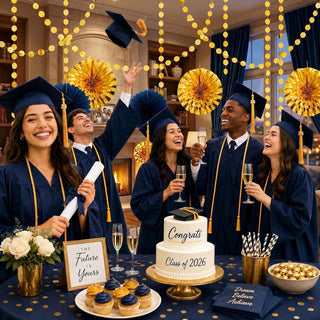 Gold and navy blue paper fan garland with pom-pom fans and dangling bead strands