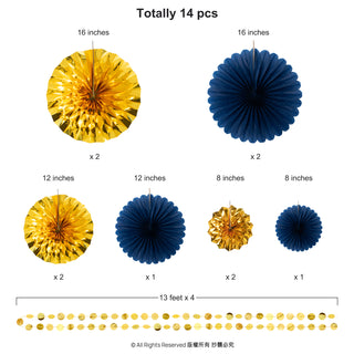 14-piece gold and navy blue paper fan garland with 13 ft hanging bead strands