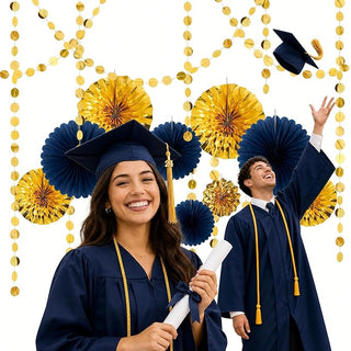 Gold and navy blue paper fan garland with pom-pom fans and dangling bead strands