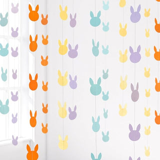 Easter bunny garland strands with multicolor bunny cutouts in pastel blue, purple, yellow and orange