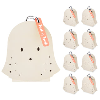 Set of 8 ghost gift bags, cream paper with face dots, star pattern, handle tag, spooky one, party favor bag, goodie bag, treat bag