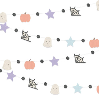Pastel Halloween garland string with pumpkins, ghost shapes, stars, and spider webs