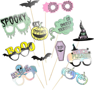 Halloween photo booth prop set with assorted spooky shapes and sayings, 12 pieces