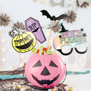 Halloween photo booth props on sticks: RIP coffin, witch please sign, smash design