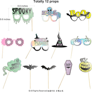 Set of 12 Halloween photo booth prop cutouts on sticks, with size measurements