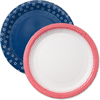 7-inch paper party plate with red striped rim and blue star border