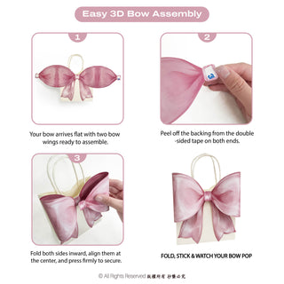 Pink 3D bow gift bag assembly guide with step-by-step bow placement