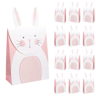 Easter bunny gift paper bags, white with pink faces, 12-pack, front view, rabbit party favor goodie treat bags