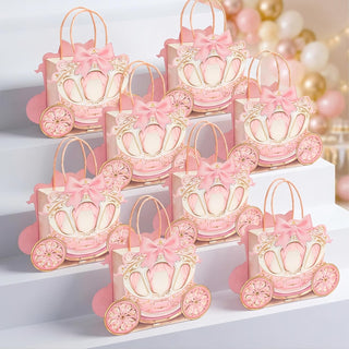 Pink carriage-shaped gift bags with bow handles, decorative set of 8