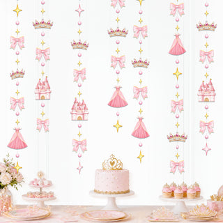 Pink princess garland hanging strings with crowns, castles, star sparkles, and charm tassels