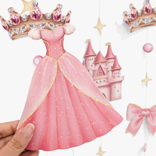Pink princess dress pendant with gold trim, glitter dots, and ribbon bow details