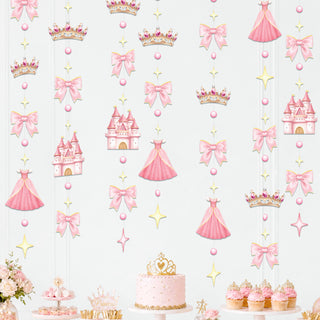 Princess-themed garland with pink bows, crowns, castle blocks, and star ornaments on strands