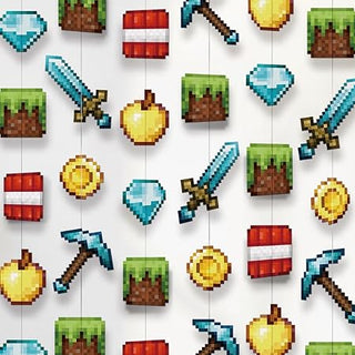 Gaming pixel wall banner set with swords, diamonds, hearts, coins, and block icons