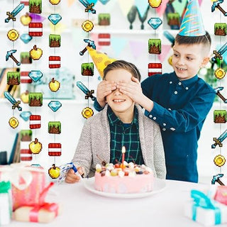 Gaming pixel wall banner decorations with smiling kids at a birthday cake, pixel icons