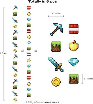 Gaming pixel wall banner layout diagram showing 6 pieces with inch measurements