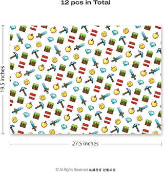Set of 12 wrapping paper sheets, 27.5 x 19.5 in, pixel game icons pattern