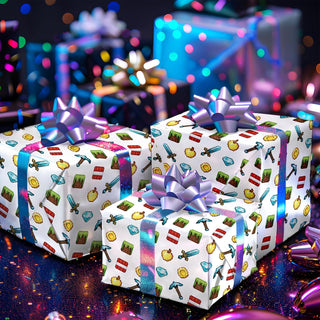 Wrapped gift boxes with pixel game icons pattern and large silver bow