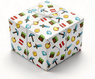 Square gift wrapped in pixel game icons wrapping paper with white ribbon bow