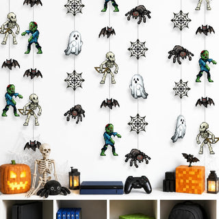 Pixel monster Halloween garland with hanging pixel ghosts, spiders, bats, and skeleton charms
