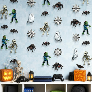 Pixel monster Halloween garland featuring assorted hanging pixel characters, including zombies and spiders